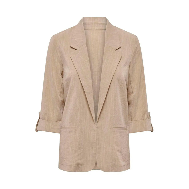 Only Beigefarbener Leinenblazer für Damen mit dezenten Längsstreifen und hochgekrempelten Dreiviertelärmeln aus Viskosemischung