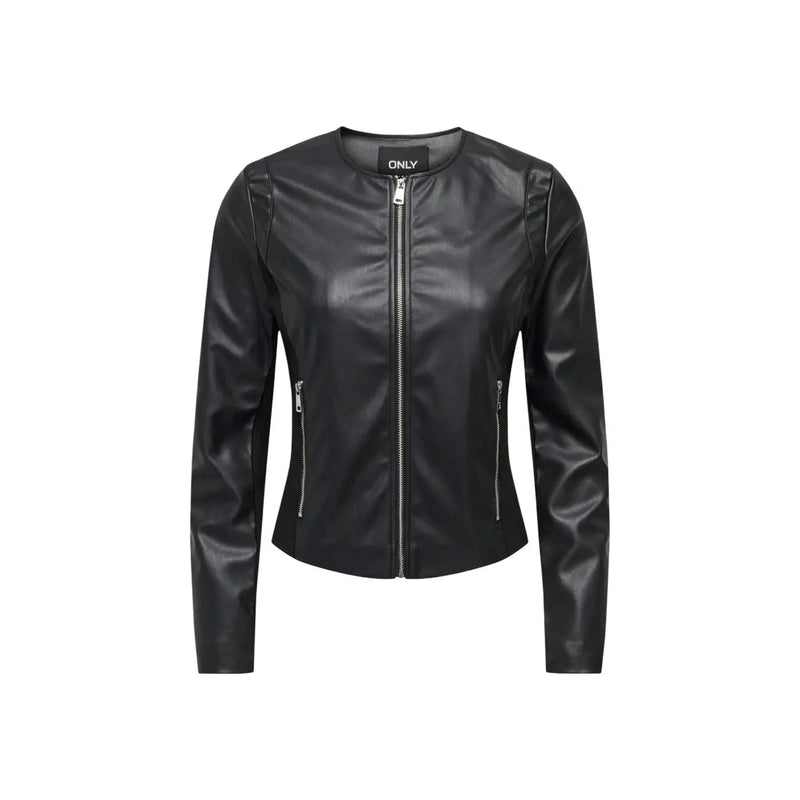 Only Schwarzer Damenblazer aus Kunstleder mit silbernen Reißverschlüssen und elegantem, tailliertem Biker-Design