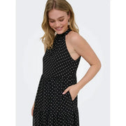 Only Schwarzes, ärmelloses Neckholderkleid für Damen mit weißen Punkten und Seitentaschen aus Polyester