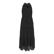 Only Schwarzes Damen-Maxikleid mit Neckholder, weißen Punkten und Stufenrock aus Polyester