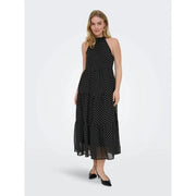 Only Schwarzes, gepunktetes, ärmelloses Midikleid mit Neckholder für Damen aus transparentem, fließendem Polyestergewebe