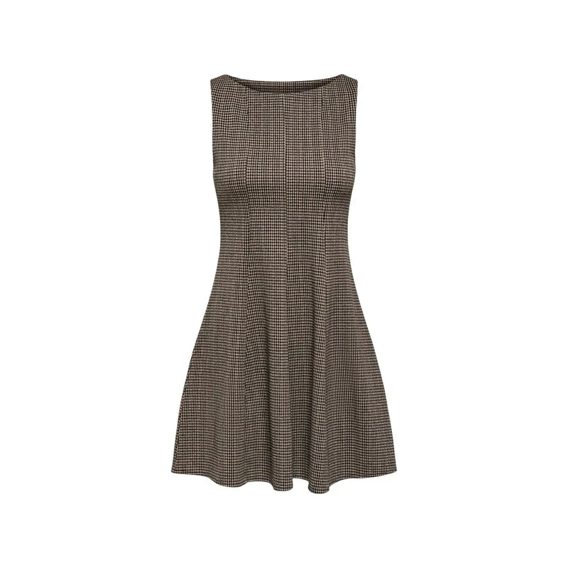 Only Schwarzes, ärmelloses, tailliertes Damenkleid aus Polyester mit ausgestelltem Rock im klassischen braun-schwarzen Hahnentrittmuster.