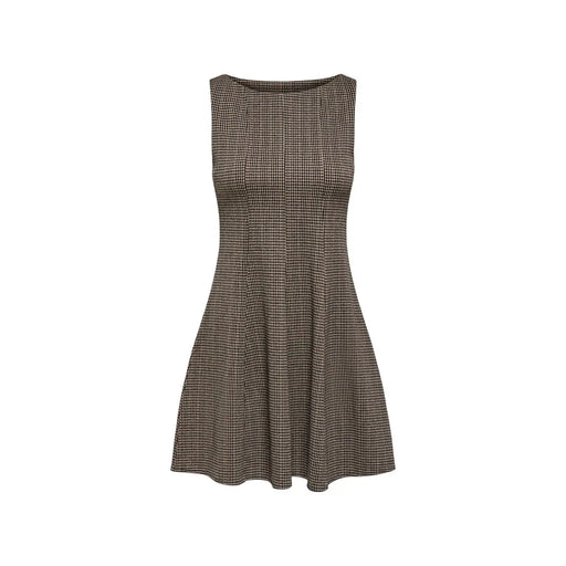 Only Schwarzes, ärmelloses, tailliertes Damenkleid aus Polyester mit ausgestelltem Rock im klassischen braun-schwarzen Hahnentrittmuster.
