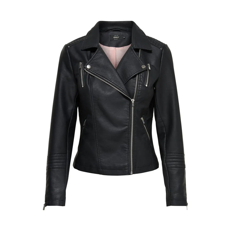 Only Schwarzer Damen-Blazer mit Reißverschluss, Bikerjacke aus Polyester-Polyurethan, mit silbernen Reißverschlüssen und Ziernähten