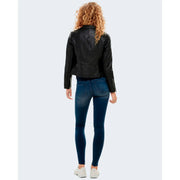 Only Schwarzer Damenblazer mit Reißverschluss, Bikerjacke aus Polyester-Polyurethan-Kunstleder mit Reißverschlussdetails und Schulterverzierungen