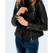 Only Schwarzer Damen-Blazer im Biker-Stil aus Kunstleder mit Reißverschluss, silbernen Reißverschlüssen und dezenten Ziernähten