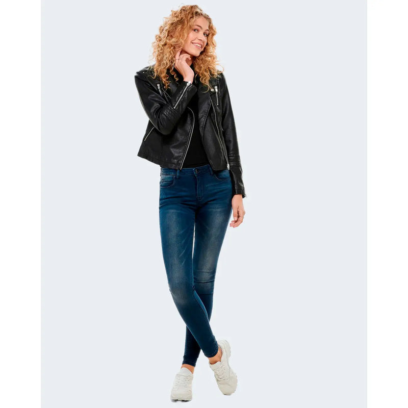Schwarze Bikerjacke aus Leder für Damen mit silbernen Reißverschlüssen und Druckknöpfen aus Polyester-Polyurethan