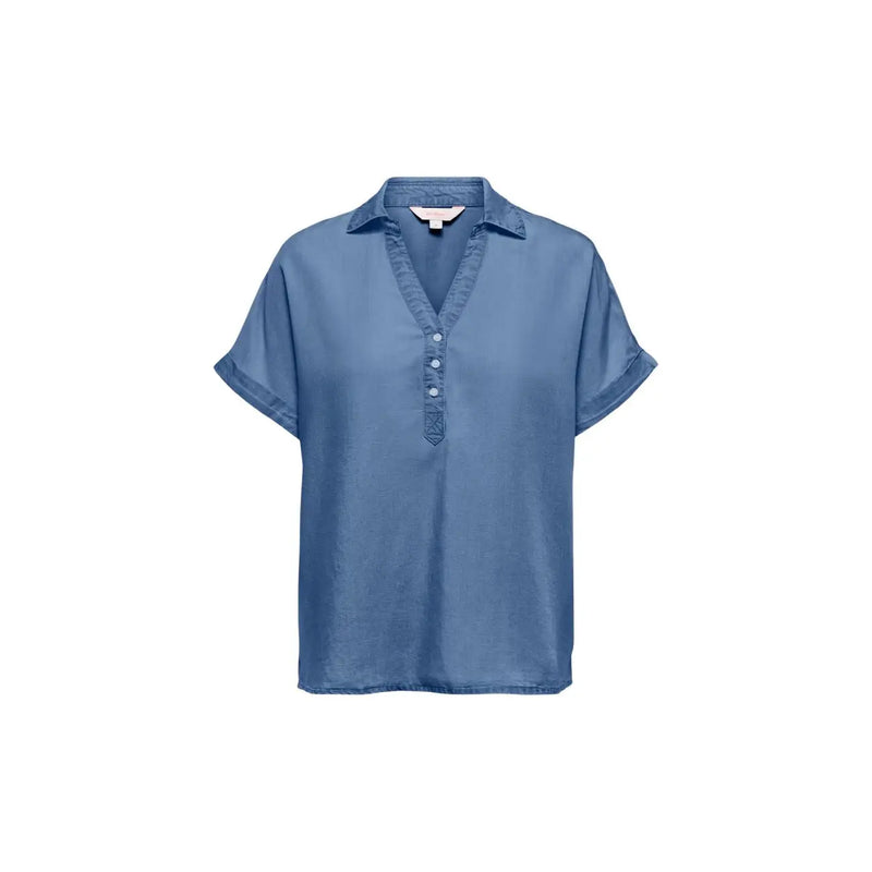 Only Damenbluse aus blauem Lyocell, kurzärmelig, mit Knopfleiste, aus weichem, hellblauem, denimartigem Stoff und Kragen