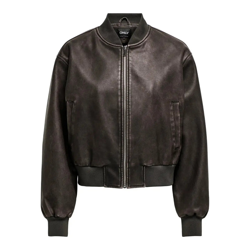 Schwarze Lederbomberjacke mit gerippten Bündchen und Saum sowie einem mittigen Reißverschluss für Damen