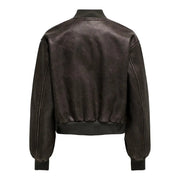 Dunkelbraune Lederbomberjacke mit gerippten Bündchen und Saum sowie langen Reißverschlusstaschen im Blazer-Stil aus Polyester.