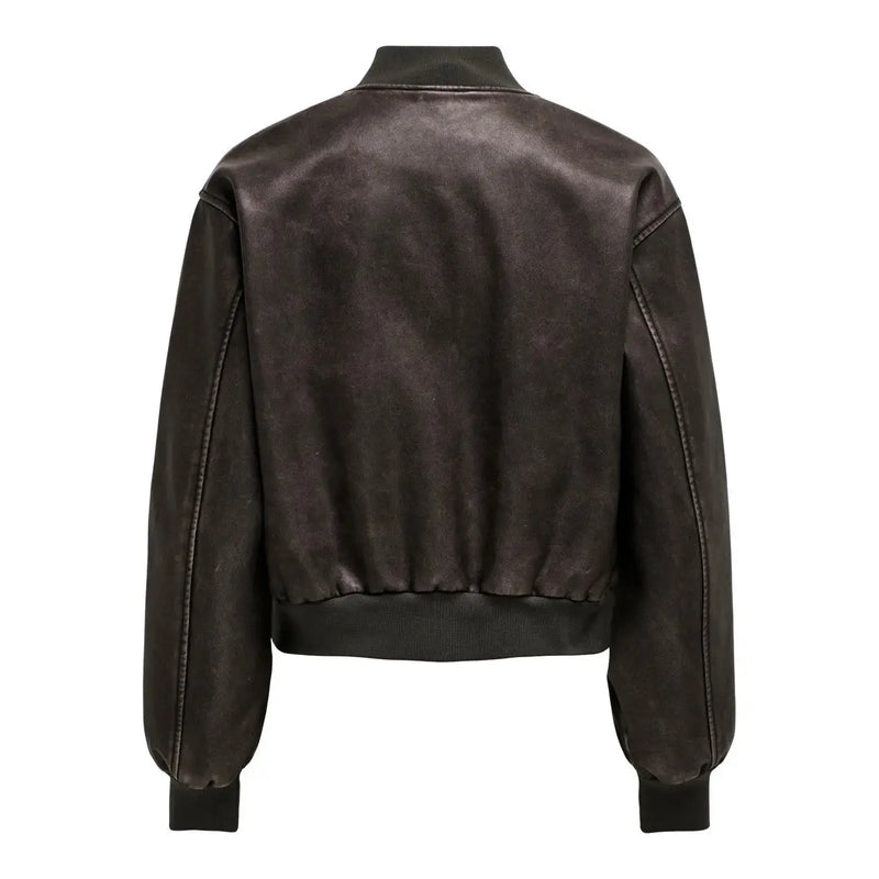 Dunkelbraune Lederbomberjacke mit gerippten Bündchen und Saum sowie langen Reißverschlusstaschen im Blazer-Stil aus Polyester.