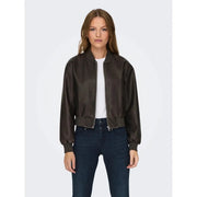 Dunkelbraune Bomberjacke aus Kunstleder mit gerippten Bündchen und Saum von Only Damen-Polyesterblazer-Kollektion