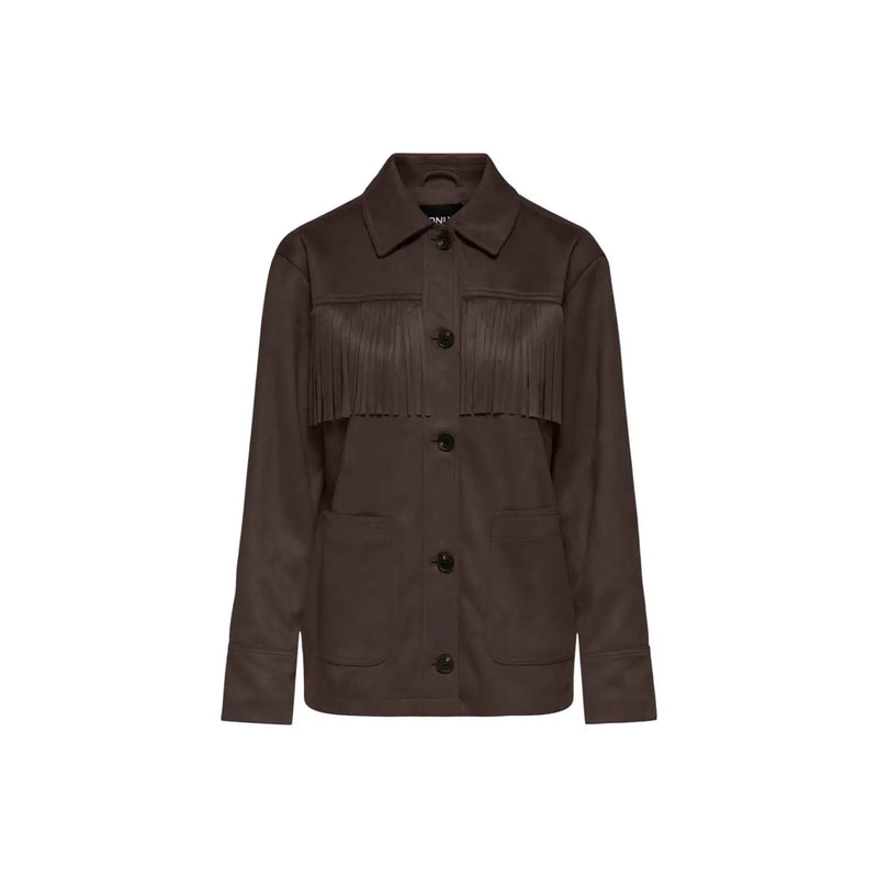 Only Damenblazer aus braunem Wildleder mit Fransenbesatz an der Brust und schwarzen Knöpfen