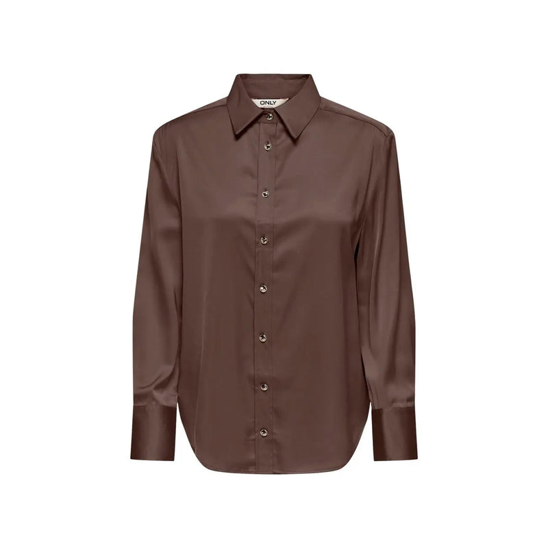 Only Langes, klassisches Damenhemd aus braunem Viskose mit elegantem Satin-Finish, Rundhalsausschnitt und Metallknöpfen.