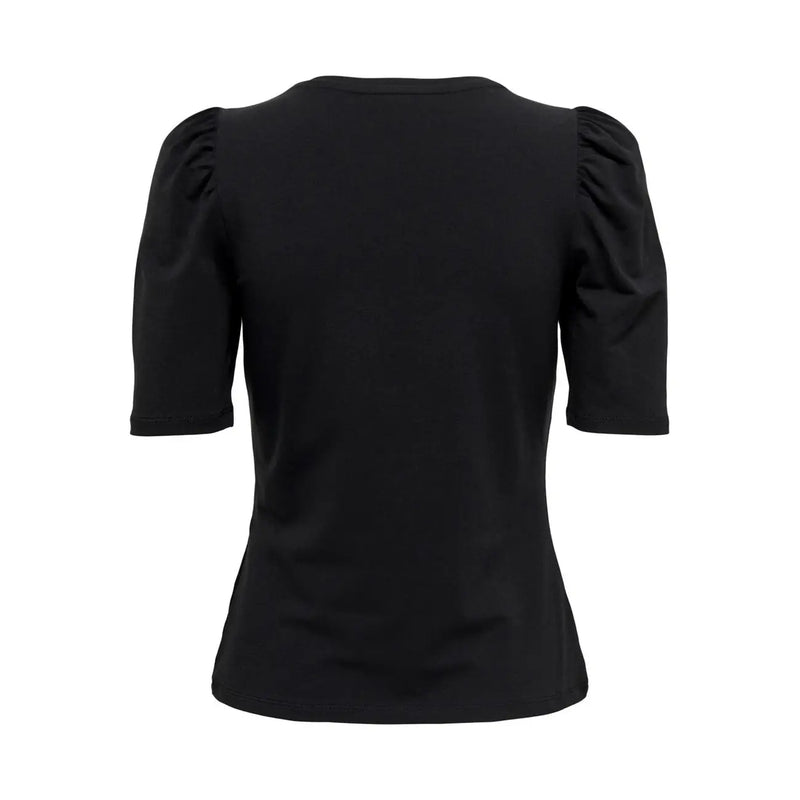 Only Schwarzes Damen-T-Shirt aus Baumwolle mit kurzen Ärmeln, Puffärmeln und Rundhalsausschnitt für die Freizeit.