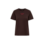 Only Braunes Damen-T-Shirt aus Baumwolle mit kurzen Ärmeln und Rundhalsausschnitt sowie dezenter roter Stickerei auf der Brust.