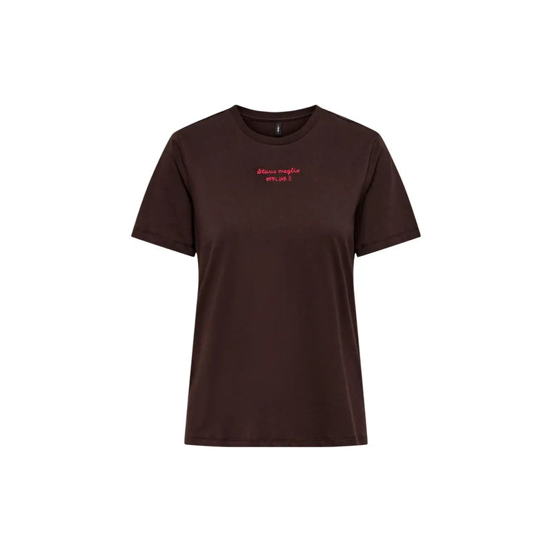 Only Braunes Damen-T-Shirt aus Baumwolle mit kurzen Ärmeln und Rundhalsausschnitt sowie dezenter roter Stickerei auf der Brust.