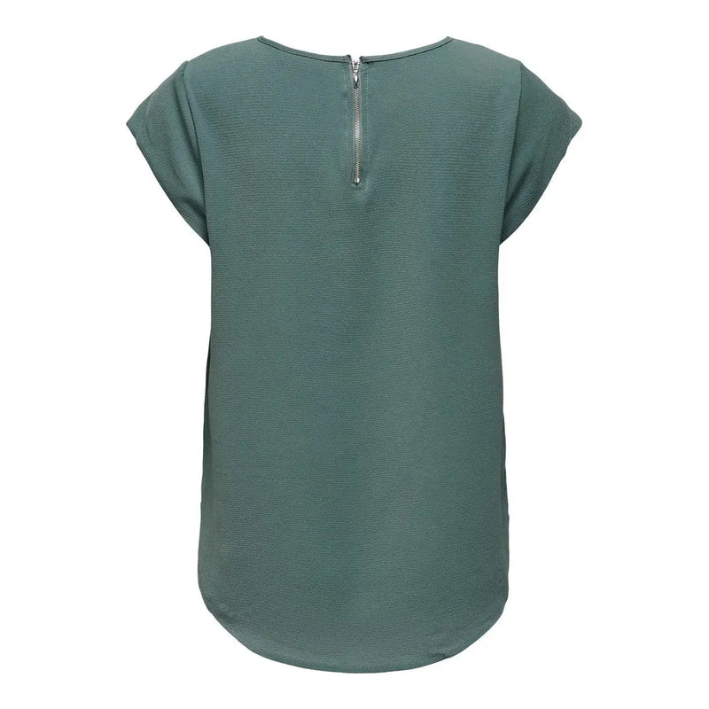 Only Grüne, kurzärmelige Damenbluse aus Polyester in einem sanften Salbeigrün mit strukturiertem Stoff und sichtbarem silbernen Reißverschluss am Rücken.