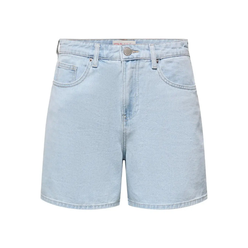 Only Hellblaue Damen-Denimshorts aus Baumwollmischgewebe mit klassischem Fünf-Taschen-Design und silberfarbenen Beschlägen
