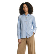 Only Hellblaues, langes Damen-Poloshirt aus Baumwolle mit Perlenapplikationen und dekorativer weißer Schleife vorne