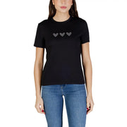 Only Schwarzes Damen-T-Shirt aus Bio-Baumwolle mit Rundhalsausschnitt, Größe S, kurzen Ärmeln und drei funkelnden Herzapplikationen auf der Brust