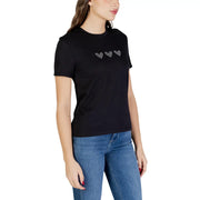Schwarzes, kurzärmeliges T-Shirt aus Bio-Baumwolle mit Rundhalsausschnitt und drei glitzernden Herzen auf der Brust, Größe S. Only Frauen