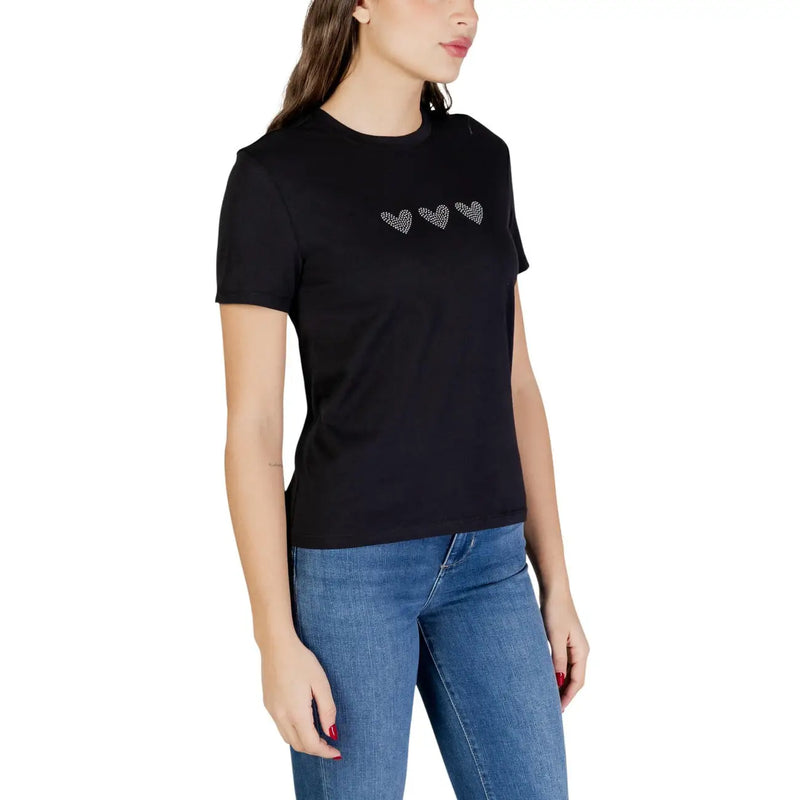 Schwarzes, kurzärmeliges T-Shirt aus Bio-Baumwolle mit Rundhalsausschnitt und drei glitzernden Herzen auf der Brust, Größe S. Only Frauen