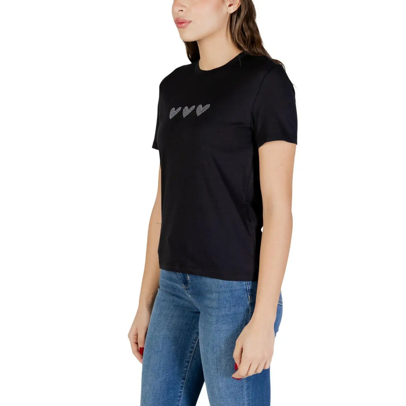 Only Schwarzes Damen-T-Shirt aus Bio-Baumwolle mit Rundhalsausschnitt, Größe S, kurzen Ärmeln und drei glitzernden Herzen.