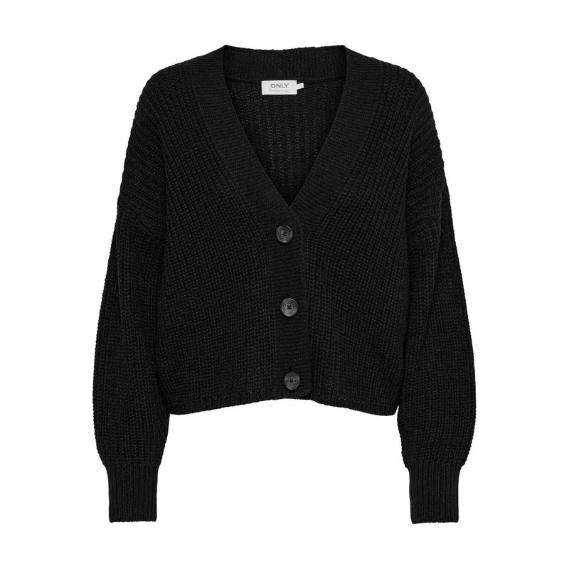Schwarzer, strukturierter Strickcardigan mit V-Ausschnitt, drei dunklen Knöpfen und only Markenetikett aus weißem Acryl für Damen