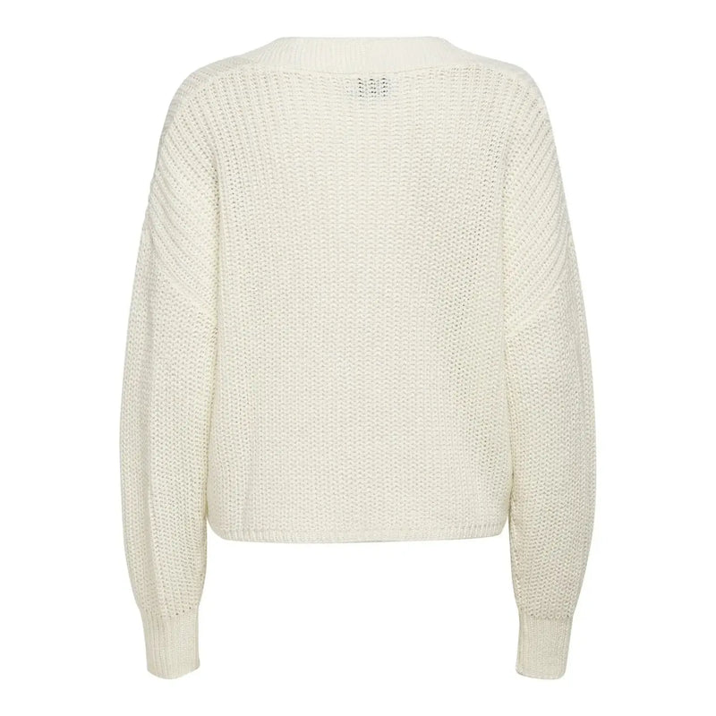 Cremefarbener, locker sitzender Strickpullover mit Rippenmuster und langen Ärmeln für Damen aus Acryl