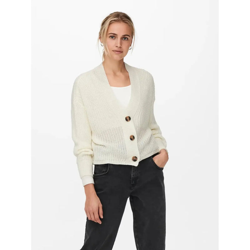 Cremefarbene, gestrickte Damen-Strickjacke mit V-Ausschnitt und Knöpfen aus weißem Acryl mit Holzknöpfen