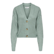 Only Weiße Damen-Strickjacke aus Acryl mit V-Ausschnitt und Knopfleiste in weichem Mintgrün mit drei Holzknöpfen.