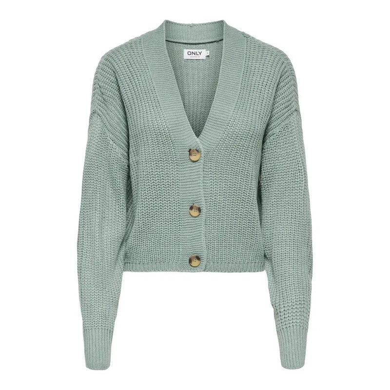 Only Weiße Damen-Strickjacke aus Acryl mit V-Ausschnitt und Knopfleiste in weichem Mintgrün mit drei Holzknöpfen.