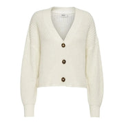 Cremefarbene, gerippte Acryl-Strickjacke mit V-Ausschnitt und drei dunkelbraunen Knöpfen für Damen von Only