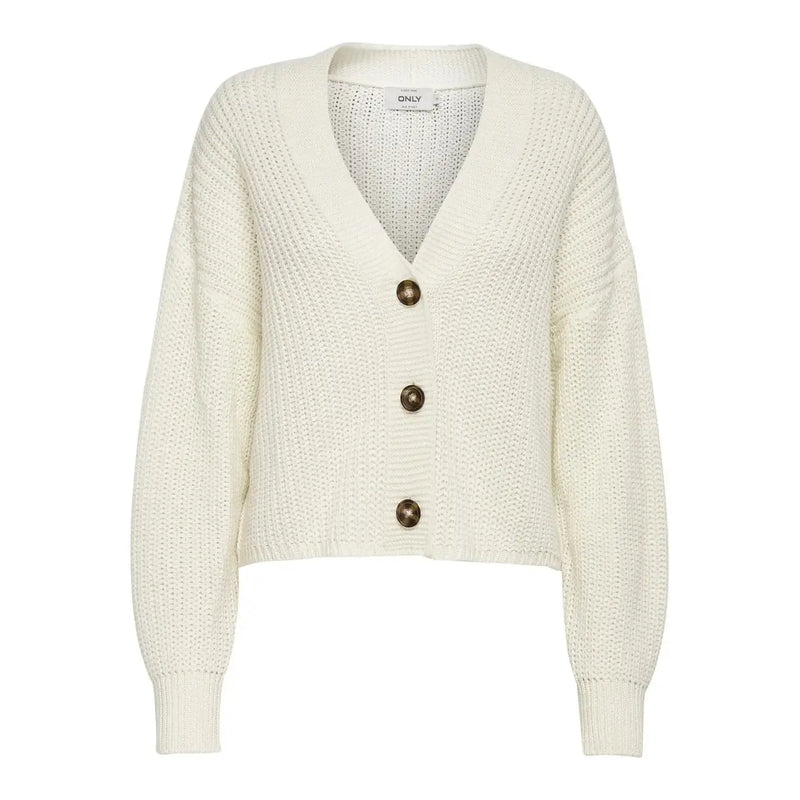 Cremefarbene, gerippte Acryl-Strickjacke mit V-Ausschnitt und drei dunkelbraunen Knöpfen für Damen von Only