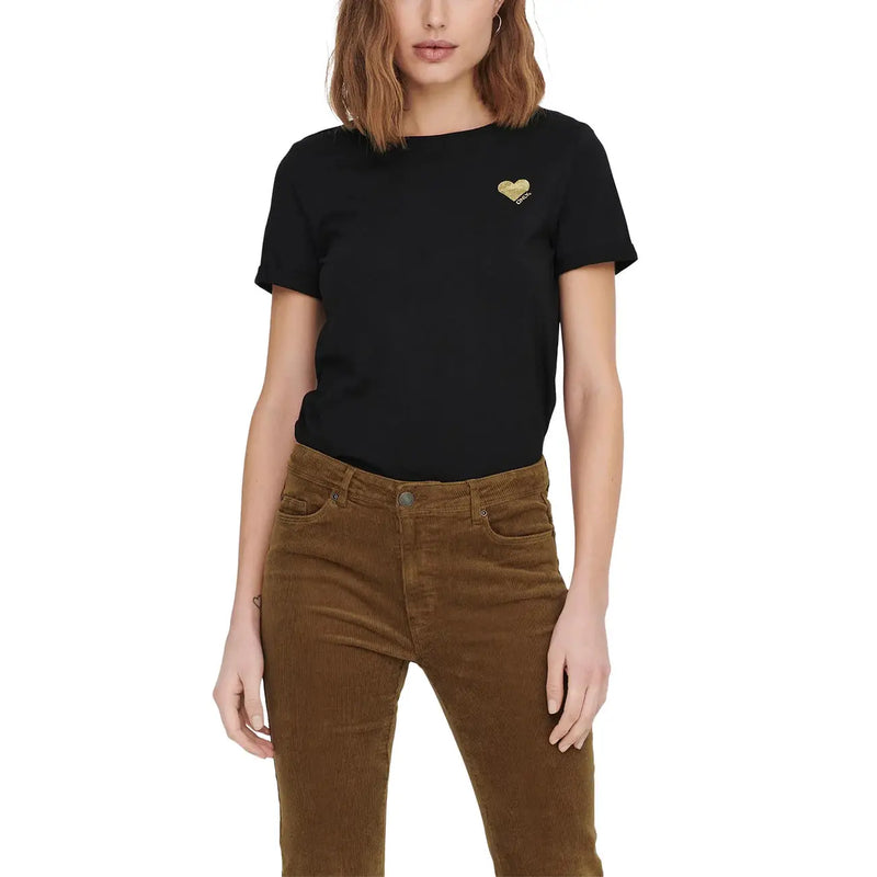 Schwarzes kurzärmeliges Baumwollhemd t-shirt mit kleinem goldenen Herzemblem auf der linken Brust von only Frauenartikel 15244714