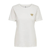 Only Weißes, kurzes Baumwoll-T-Shirt für Damen mit Rundhalsausschnitt und einem zarten, goldglitzernden Herz, das auf der linken Brustseite aufgestickt ist.
