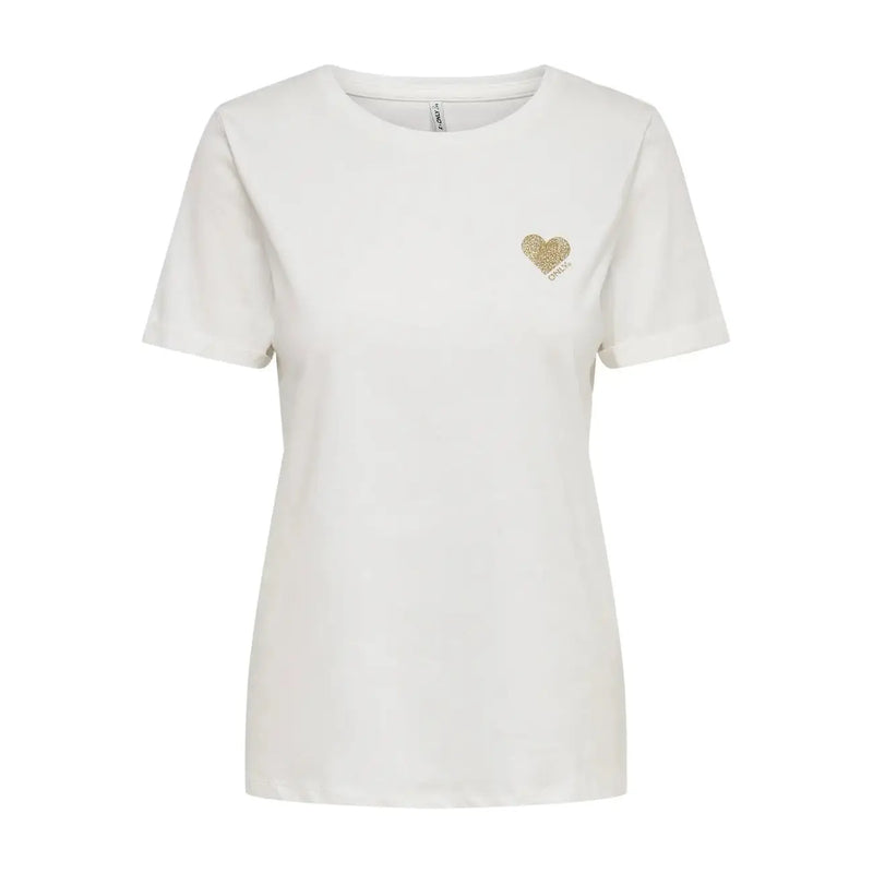 Only Weißes, kurzes Baumwoll-T-Shirt für Damen mit Rundhalsausschnitt und einem zarten, goldglitzernden Herz, das auf der linken Brustseite aufgestickt ist.