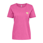 Only Weißes, kurzes Baumwoll-T-Shirt für Damen mit Rundhalsausschnitt in leuchtendem Pink und kleiner, glitzernder goldener Herzstickerei.