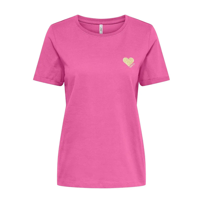 Only Weißes, kurzes Baumwoll-T-Shirt für Damen mit Rundhalsausschnitt in leuchtendem Pink und kleiner, glitzernder goldener Herzstickerei.