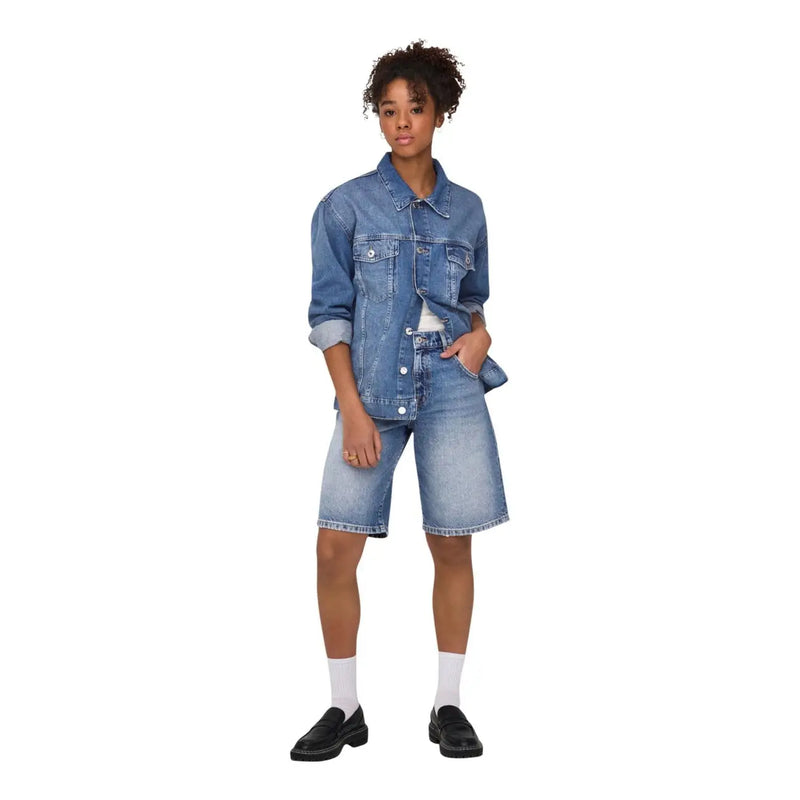 Only Damen-Jeansjacke in Blau mit hochgekrempelten Ärmeln und Vordertaschen aus Bio-Baumwolle