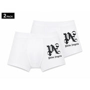 Weiße Boxershorts von Palm Angels mit schwarzem, gotischem PA-Logo und Markennamen auf der Vorderseite, aus Baumwolle