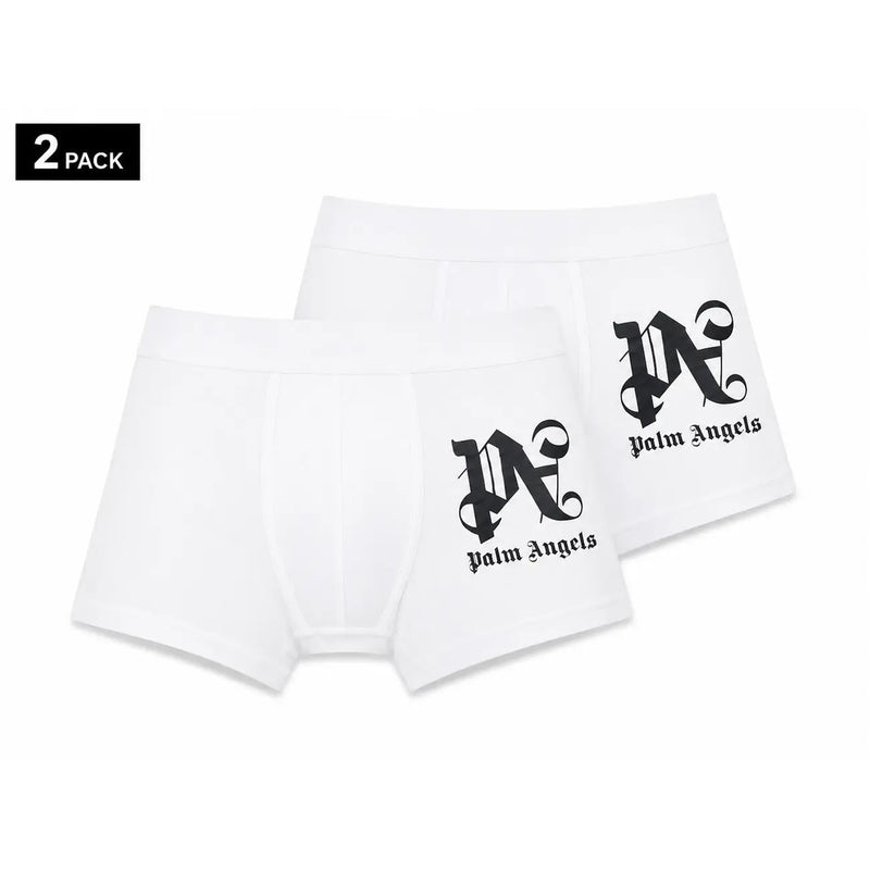 Weiße Boxershorts von Palm Angels mit schwarzem, gotischem PA-Logo und Markennamen auf der Vorderseite, aus Baumwolle
