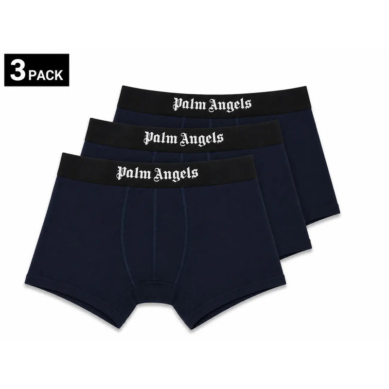 Marineblaue Palm Angels Herren-Boxershorts mit schwarzem Bund und weißem, gesticktem Logo, aus Baumwoll-Elastan