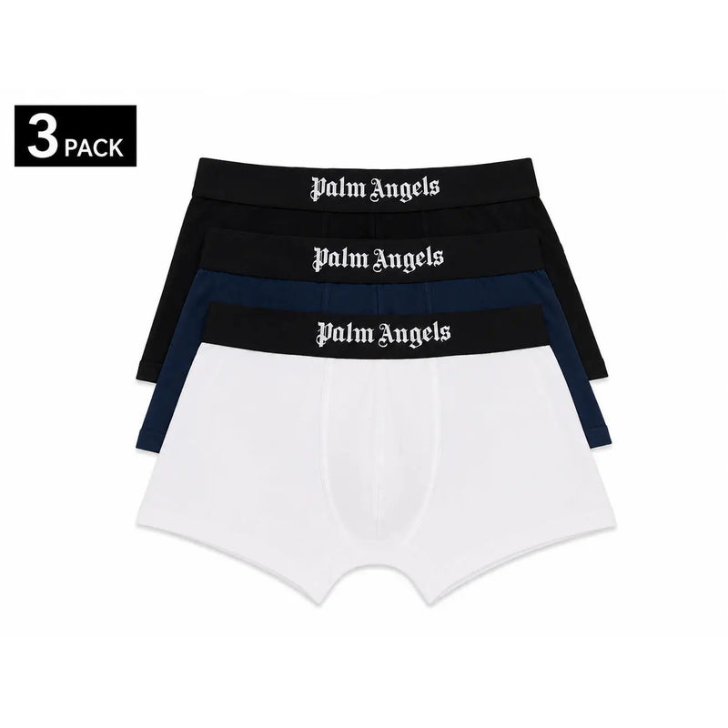 Dreier-Set Palm Angels Herren-Boxershorts aus schwarzem, marineblauem und weißem Baumwoll-Elastan mit charakteristischem Bund.