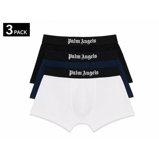 Dreier-Set Palm Angels Herren-Boxershorts aus schwarzem, marineblauem und weißem Baumwoll-Elastan mit charakteristischem Bund.