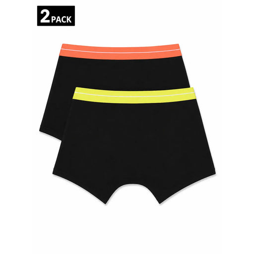 Palm Angels Herren-Boxershorts aus schwarzer Baumwolle, 2er-Pack, mit leuchtend orangefarbenem Bund und neongelbem Streifengummi.
