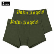 Olivgrüne Boxershorts mit Palmenengeln-Motiv aus Stretch-Baumwollgewebe und auffälligem gelbem gotischem Schriftzug am Bund.