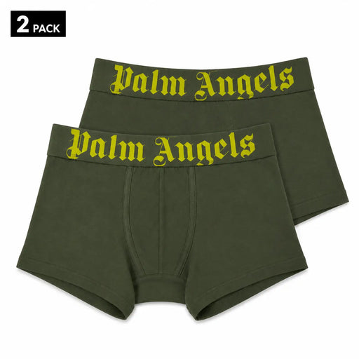 Olivgrüne Boxershorts mit Palmenengeln-Motiv aus Stretch-Baumwollgewebe und auffälligem gelbem gotischem Schriftzug am Bund.