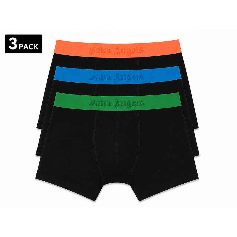 Set aus drei schwarzen Boxershorts aus Baumwollstretch mit farbenfrohen Palm Angels-Gummibändern in Orange, Blau und Grün